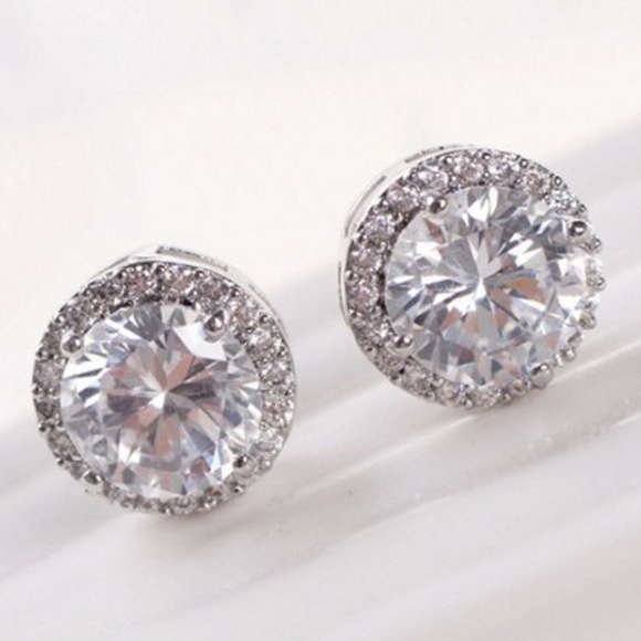 Other - 925 Silver Plated Crystal Halo Stud Earrings